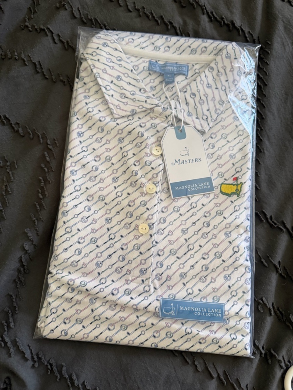 2026 Masters Magnolia White Polo with Blue and Pink Golf Club Print